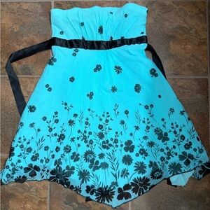Strapless Turquoise Floral Mini Dress with Black Sash